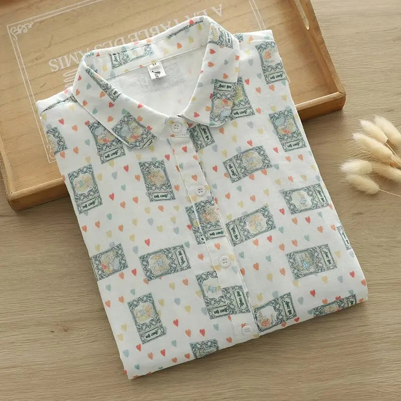 Fresh Women's Mushroom Printed Shirt 2024 New Lady Loose Cotton Long Sleeve Flower Print Shirts & Blouses Female Tops Clothes