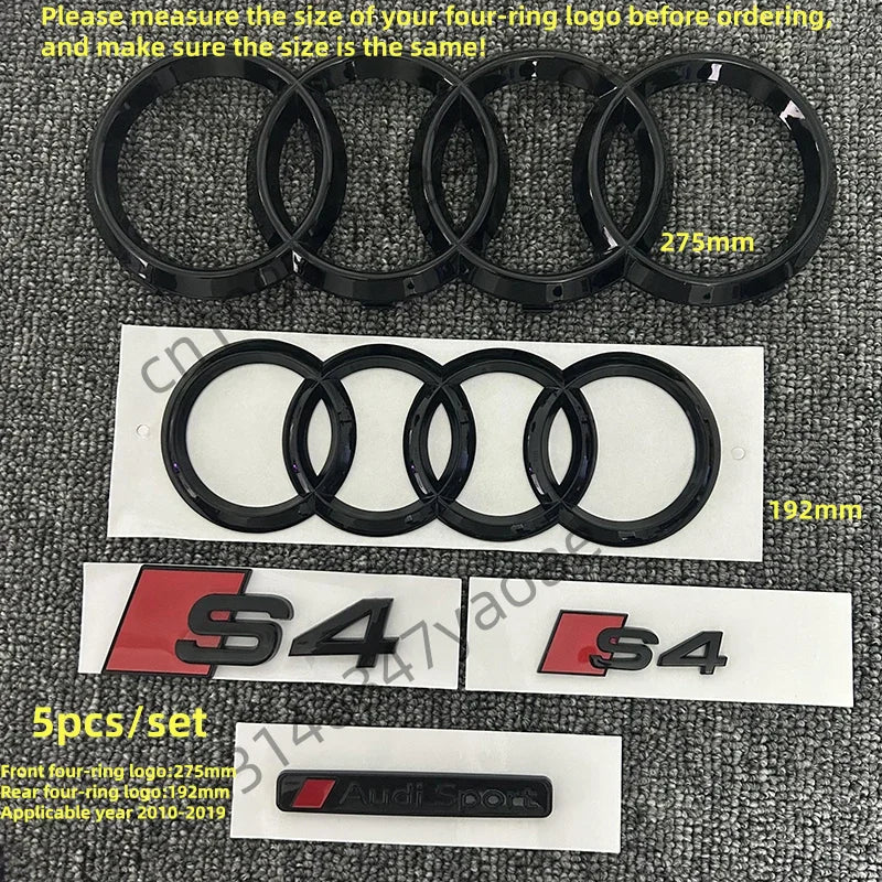 6/5Pcs 4Ring ABS Car Hood Front Grill Rear Trunk Emblem Stickers For Audi A3 A4 A5 A6 A7 Q2 Q3 Q5 Q8 S3 S4 S5 S6 RS3 RS4 RS5 RS6