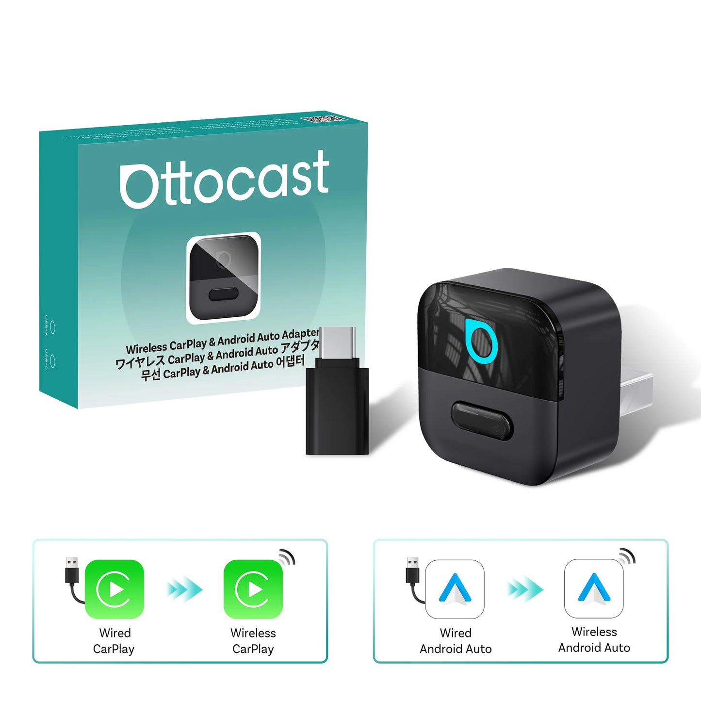 Ottocast Wireless Android Auto CarPlay Adapter Mini Pico 2 in 1 USB Dongle with Smart Button for Kia Honda Chery Nissan Volvo