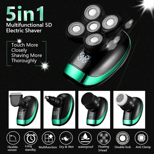 Tinsol 5 in 1 Men's Rechargeable Electric Shaver 5 Floating Head Beard, Nose and Whisker Trimmers 4D Skinhead Shaver Groomer