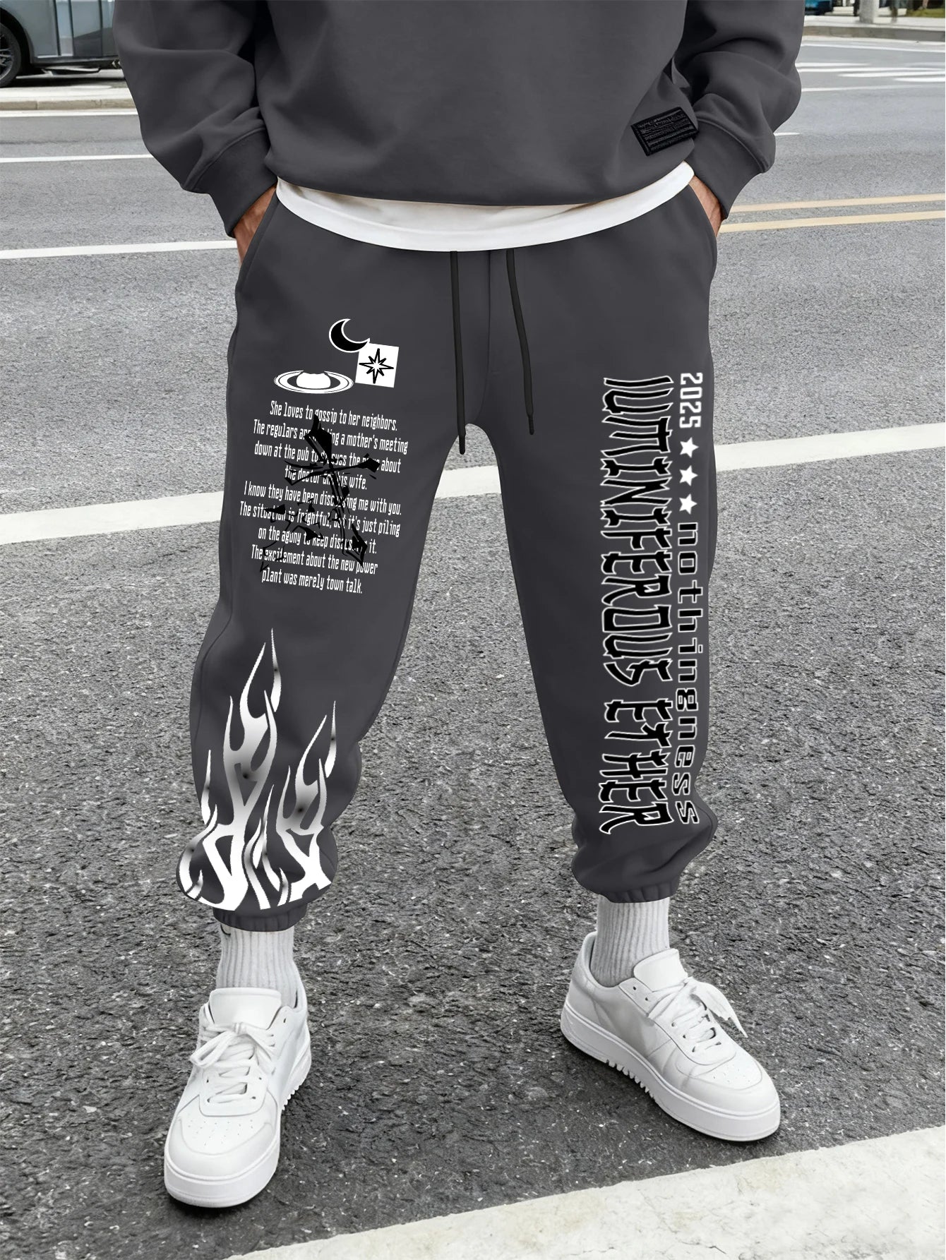 Men Retro Gothic Vertical Letter Flame & Planet Graphic Joggers Elastic Cuff Cozy Loose Fit Urban Casual Street Sweat Pants