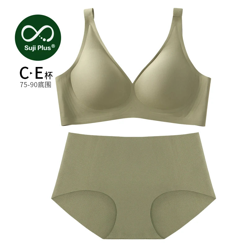 SUJIIN Plus Size Seamless Bra Sets for Women 2025 Push Up Wireless Minimizer Bras Lady Anti-sagging Bralettes for Large Breasts