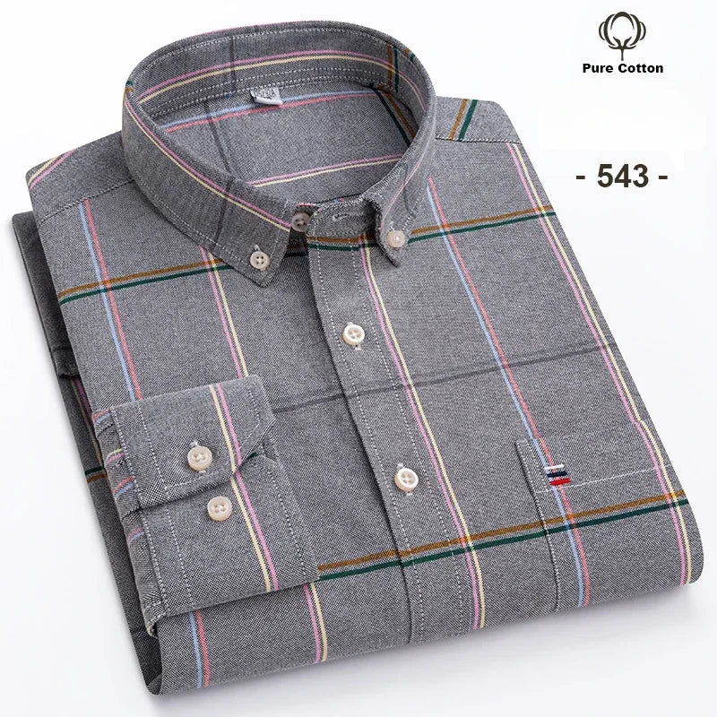 New In Shirt Plus Size 7XL 100% Cotton Oxford Long-Sleeve Shirts for Man Slim Fit Formal Plain Shirt Plaid Office Elegant Clothe