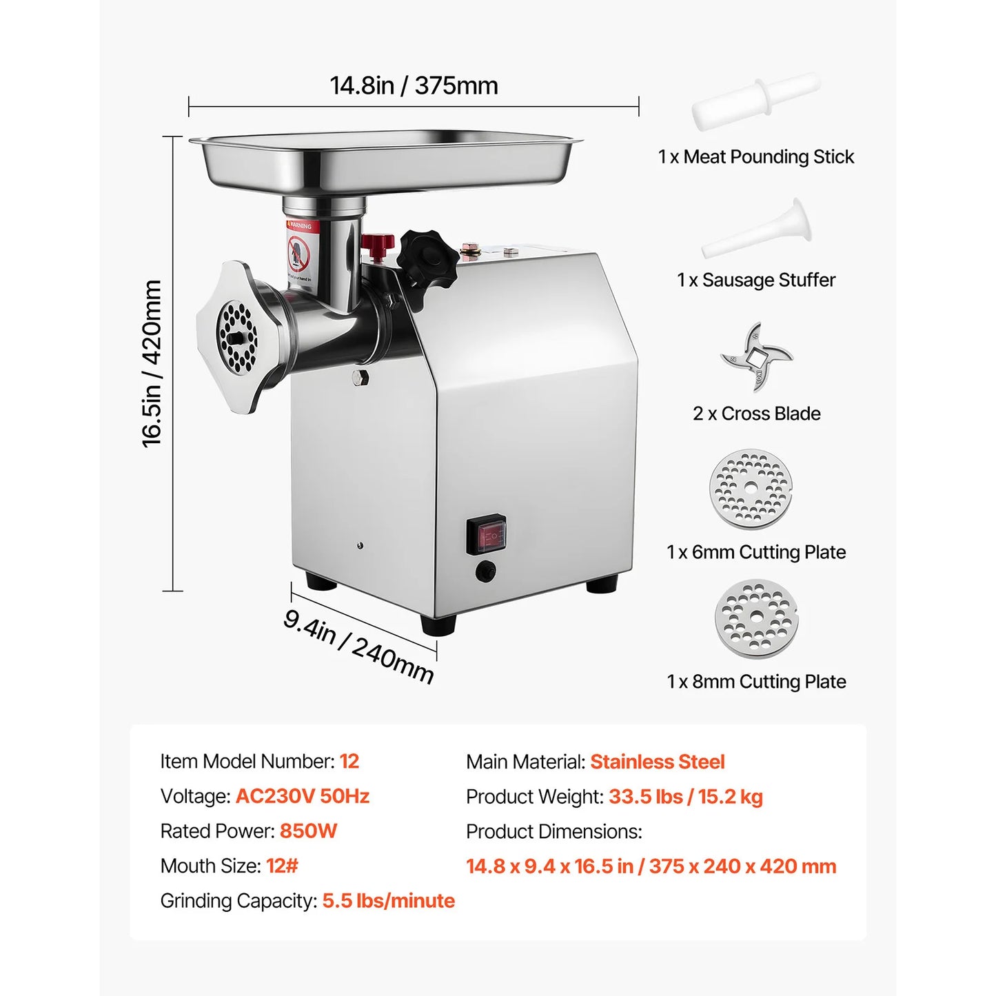 SucceBuy Meat Grinder 5.5 Lbs-9.2 Lbs/Min Capacity Electric Meat Mincer w/ Blade Grinding Plate Sausage Maker for Kitchen Home