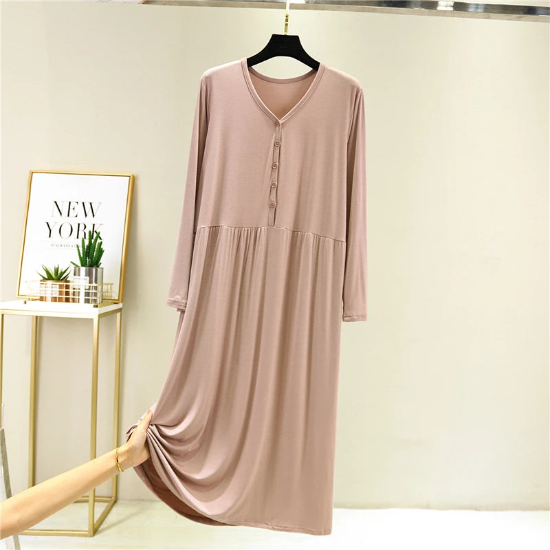 Early Autumn 2024 Women's V-Neck Long Sleeve Dress Loose Button-Up Modal Dress for Home Wear Midi Skirt A-Line Silhouette