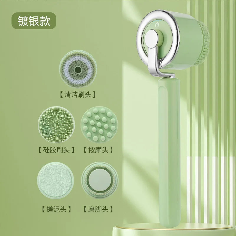Electric Bath Back Scrubber Long Handle Ipx7 Waterproof Exfoliating Massage Shower Body Cleaning Brushes with 5 Brush Heads