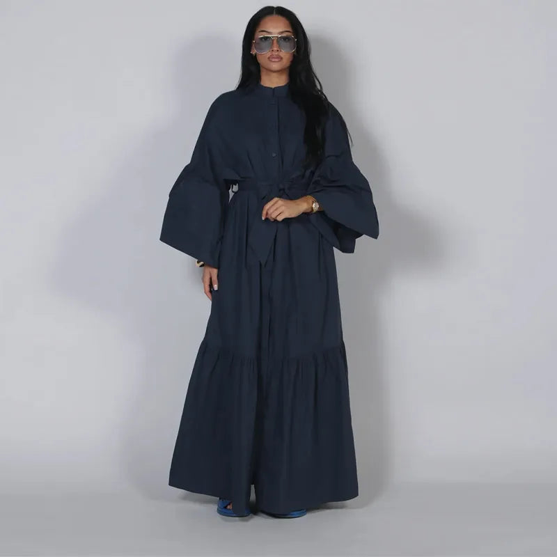 Casual Women Dress Belt Cinched Waist Long Sleeve High Collar Solid Single Breasted Female Dress Chic Lady Commute Summer 2026