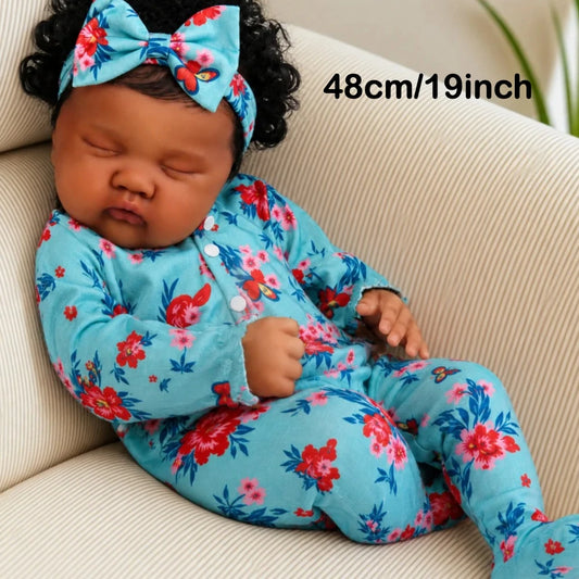 BZDOLL 48CM Lifelike Asleep Reborn Baby Doll Toy with Black Brown Skin Vinyl Limbs Cloth Body Handmade Birthday Gift for Kids