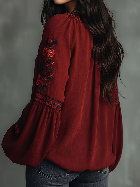 Plus Size Boho Blouse for Women V Neck Floral Embroidered Bell Sleeve Loose Fit Casual Ethnic Beach Vacation Retro Shirt Top