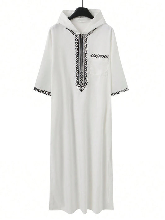 2025Moroccan Men's Thobe Short-Sleeved Embroidered Hood MuslimIslamicLooseJelleba Abaya - New Edition