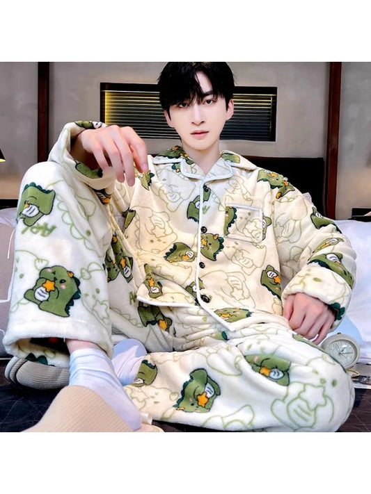 Winter Thickened Coral Fleece Sleepwear Men's Set Fleece Lined Long Sleeve Flannel Home Clothes Loose Fit New 2026 Style