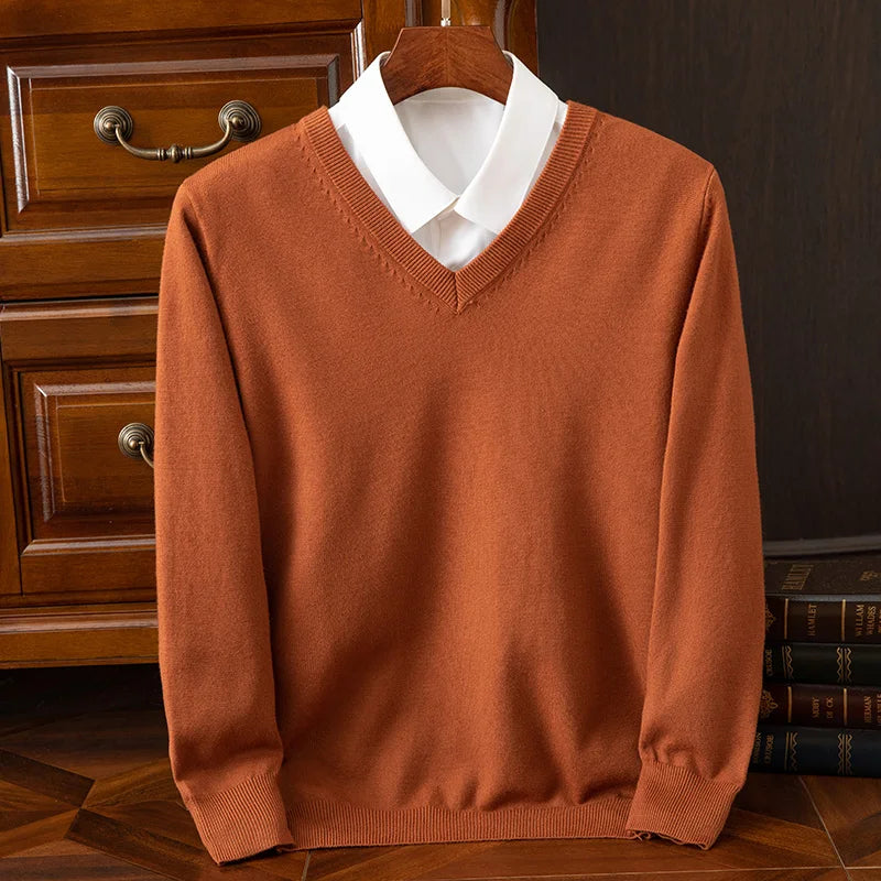 Autumn Winter Basic Merino Wool V-neck Sweater Men's Fashionable Casual Business Knitwear Cashmere Pullover Clothing Tops
