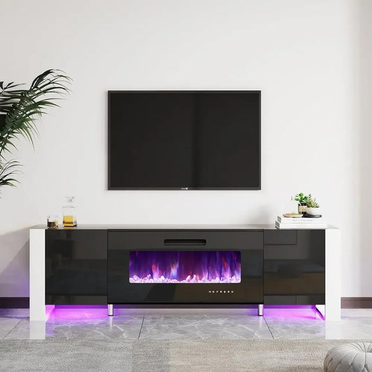 Fireplace TV Stand with 36" Fireplace, 70" Modern Entertainment Center with High Gloss Doors & LED Lights, U-Shaped Legs TV Cons