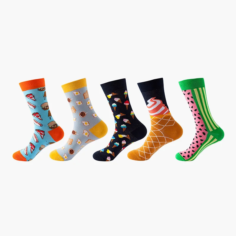5 Pairs Fruit Print Socks Mid-Calf Funny Food Design Pineapple Watermelon Cotton Socks for Men Women Couple EU 37-45 US 6-12