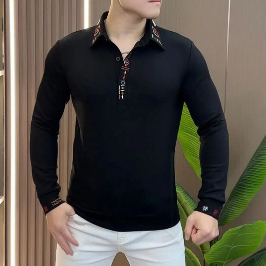 Men’s Casual Long Sleeve Polo Shirt Slim Fit with Embroidery Autumn Turn Down Collar Top Versatile Daily Outfit