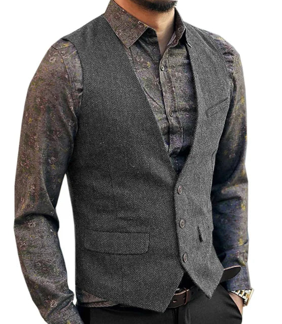 Deep V-Neck Suit Vests Classical Formal Business Herringbone Wood Waistcoat Slim Fit Men's Vest For Wedding