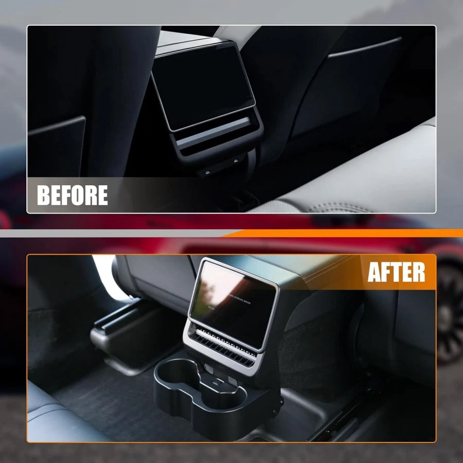 3-In-1 Design Rear Seat Cup Holder Organizer For Tesla Model Y Juniper 2025+ & Model 3 Highland 2024+ Retractable and Foldable
