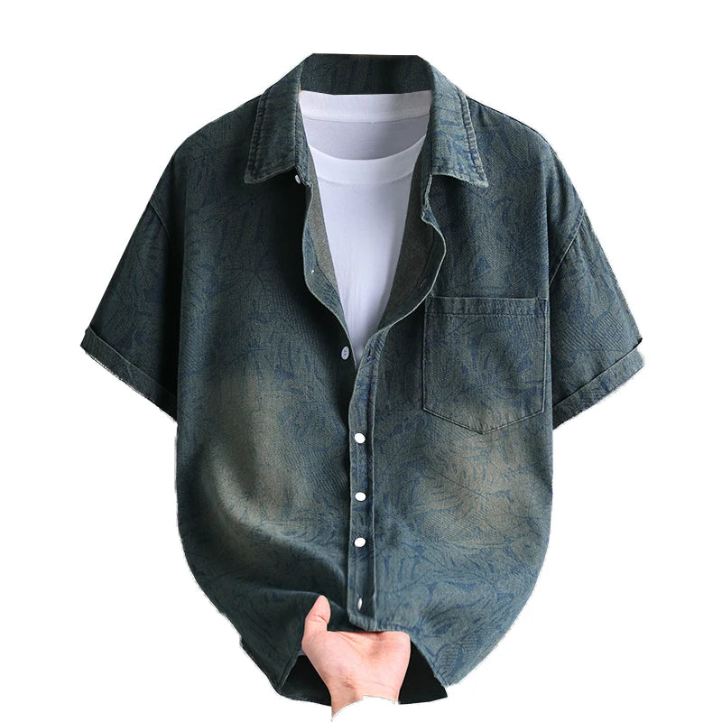 Summer new style tie-dye plain-patterned fashionable and stylish casual loose short-sleeved denim shirt for men