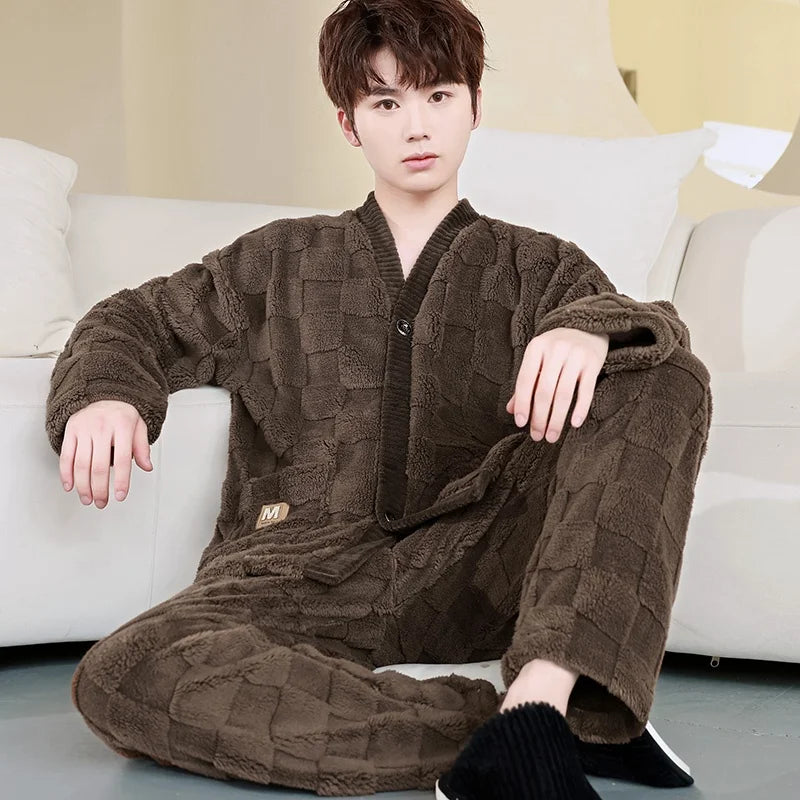 Thick Coral Fleece Sleepwear Men's Autumn Winter Casual Large Size Outdoor Wearable Flannel Home Clothes Set V-Neck Long Sleeve