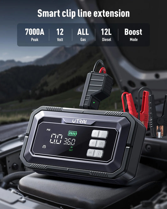 UTRAI All-in-One 7000A Car Jump Starter with Air Compressor & OBD Diagnosis & Outdoor Camping Lights Emergency Boosters