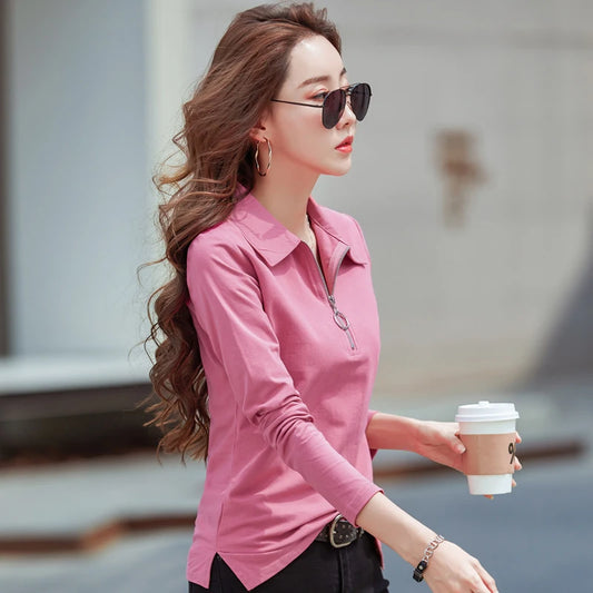 Korean Style cotton polo shirts women fashion long sleeve candy color zipper turn down neck polo t shirt for women 2025
