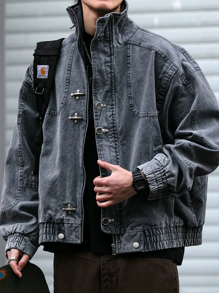 Mens Denim Jacket American Vintage Heavy Washed Distressed Workwear Stand Collar Streetwear Trendy High Quality Hip Hop Casual