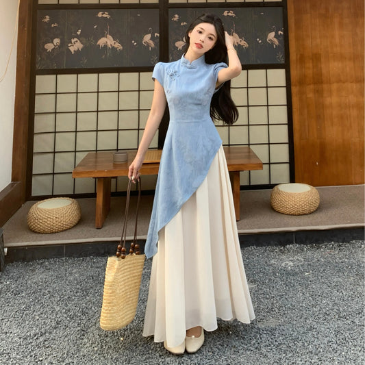 plus Size New Chinese Embroidered Short Sleeve Dress Women's Summer Soft Waist Cinching Long Dress Commute Style