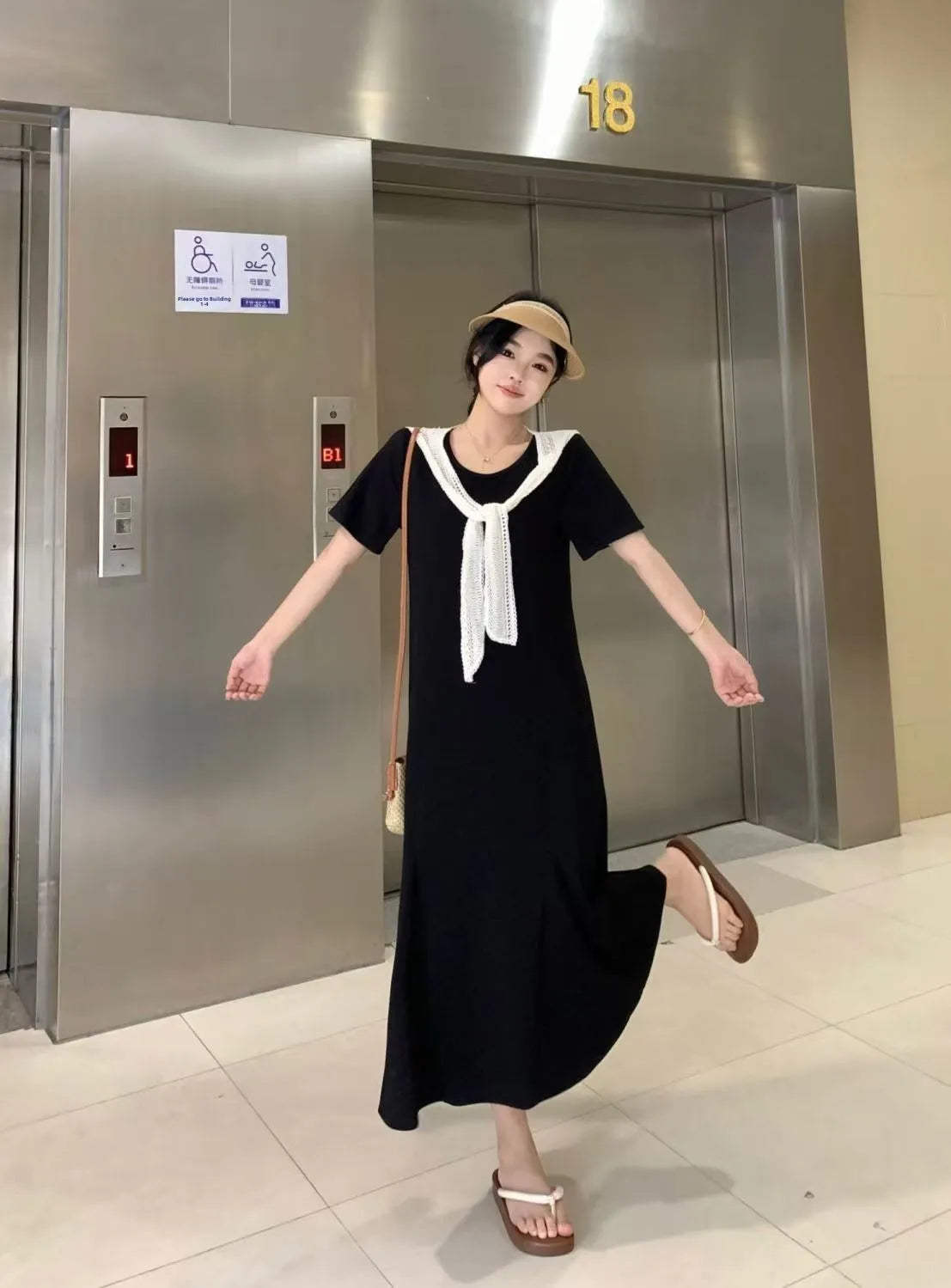 Naval Collar Lace Trim Slimming Long Dress French Style Loose Fit Mommy's Summer Dress mid Waist Design Casual Knot