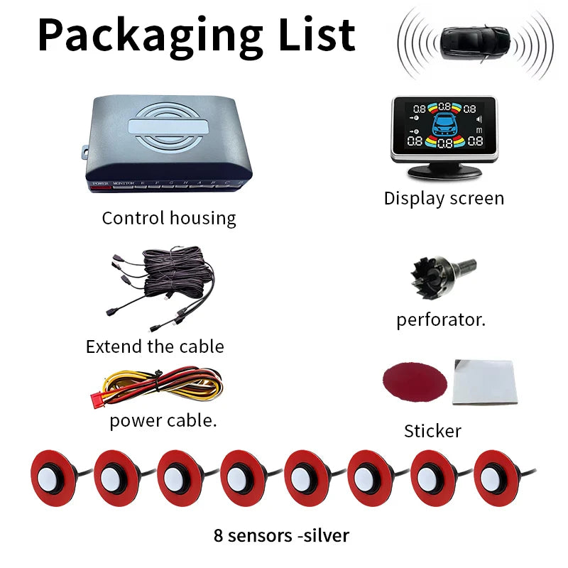 16.5mm 8 Parking Sensor LCD Display Voice Prompt Multi-Language 0.3-2.5M Detect Waterproof Car Reversing Radar