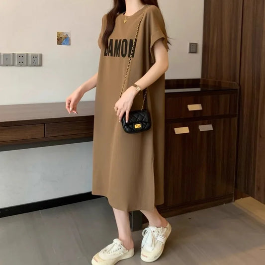 Women's Loose Letter Print T-Shirt Dress Summer Casual Short Sleeve Midi Dress Oversized Streetwear Female Long Dress