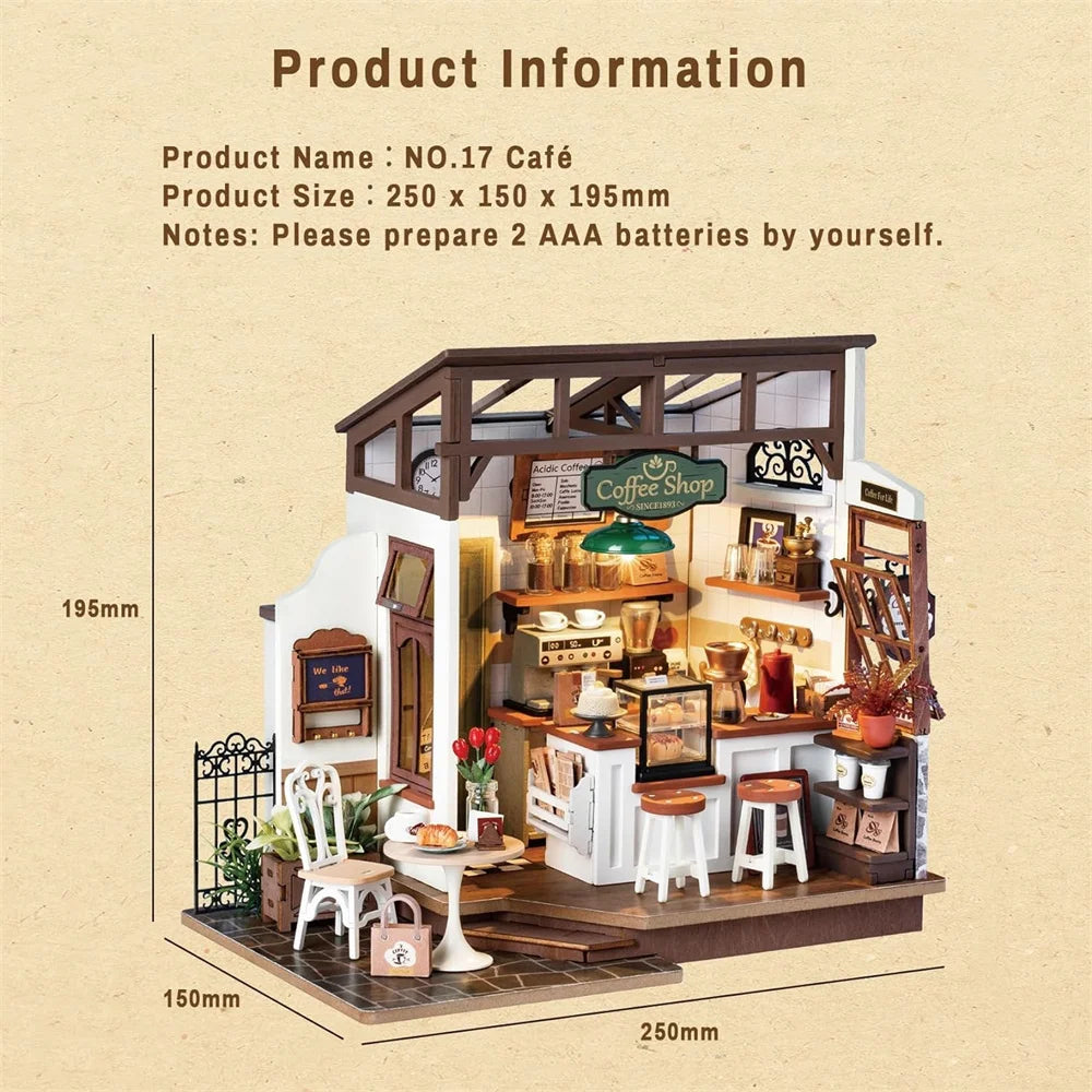 Robotime DIY Wooden Dollhouse Set with Miniature Furniture Model Building Set with LED for Adult and Children NO.17 Coffee