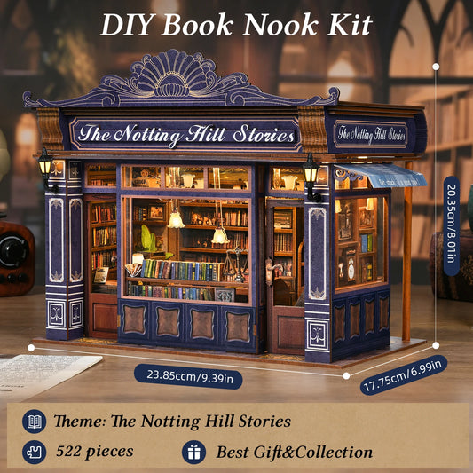 DIY Book Nook Kit Notting Hill Bookstore Wooden Bookshop Dollhouse with Light Bookshelf Insert 3D Puzzle Decor for Gift
