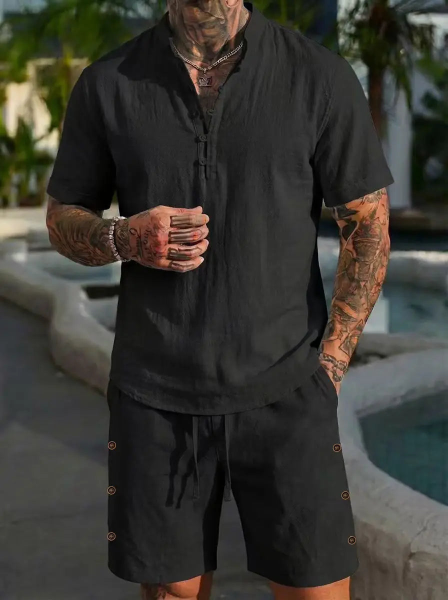 Summer linen shirt set for men, casual outdoor two-piece set, home wear pajamas, comfortable and breathable, beach short-sleeved