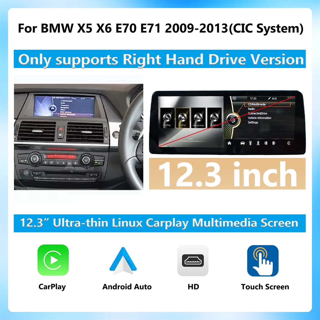 Wireless CarPlay Android Auto Display Multimedia Player For BMW X5 X6 F15 E70 E71 2009-2017 NBT CIC GPS Touch Screen 1920*720