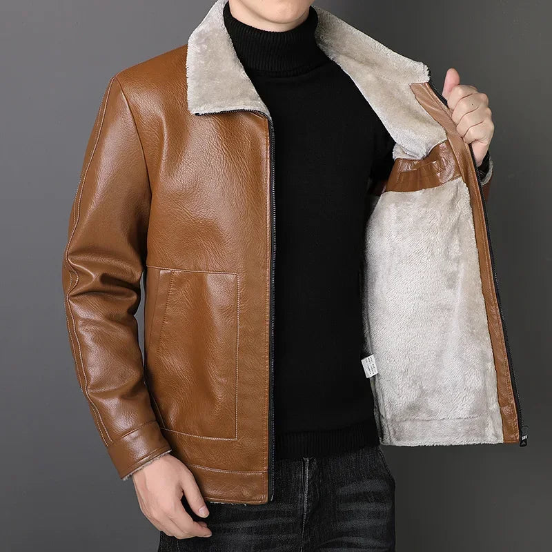 Mens Outwear Fleece Fur Collar Windbreaker Coat Male Pu Jacket Men Thick Warm Cashmere Military Bomber Tactical Leather Jackets
