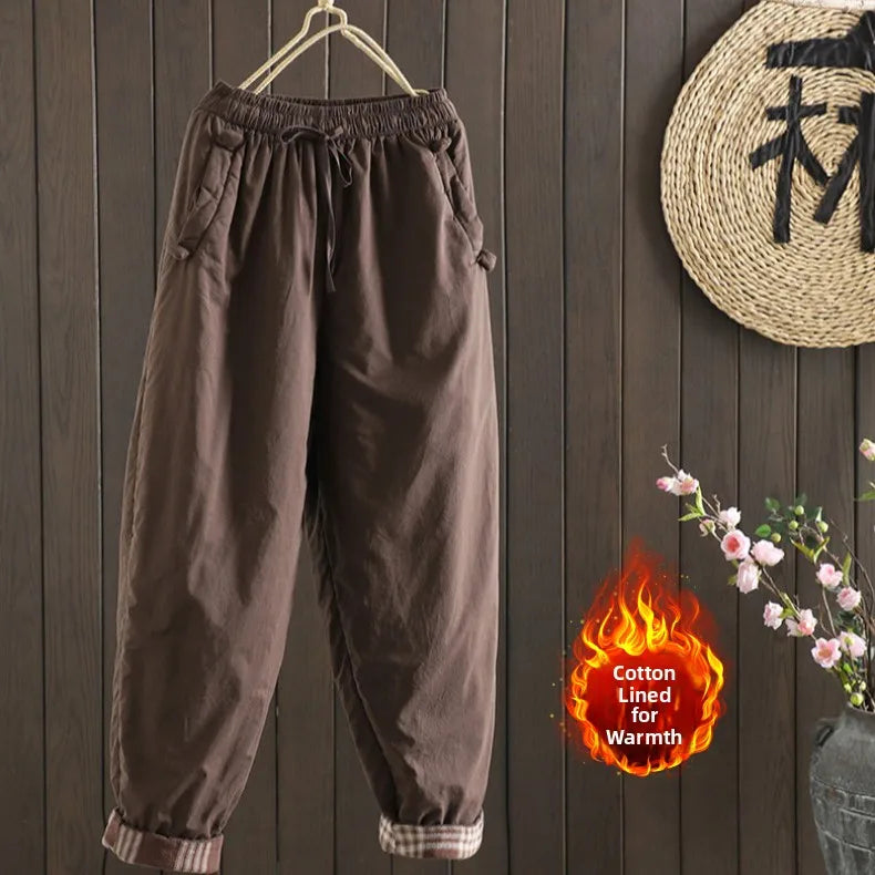 Retro Color Cotton Filled Casual Loose Harem Pants Small Footed Trousers Winter Outerwear for Women plus Size