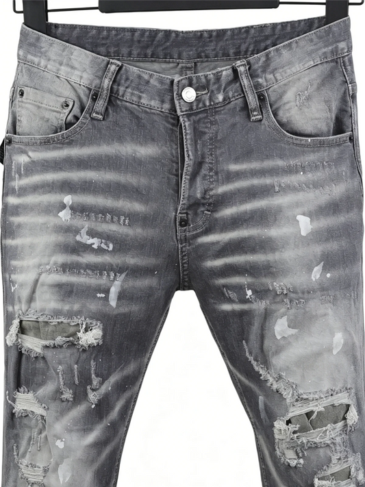 6058 Four Seasons New Men's Wash Grinding Hole Patch Paint Splash Ink Micro-bullet Leg Grey Jeans for Men