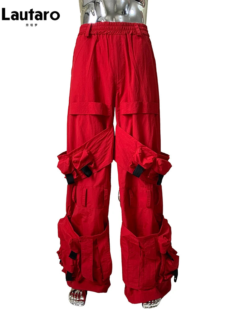 Lautaro Autumn Long Red Waterproof Nylon Cargo Techwear Pants Cyberpunk for Men Many Pockets Luxury Designer Emo Clothes 2025