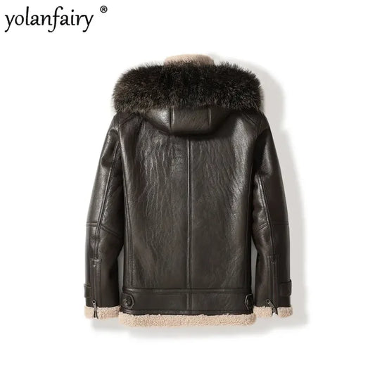 YOLANFAIRY Original Natural Sheepskin Leather Fur Coat Men Midium Hooded Genuine Leather Jacket Men Winter Real Jacket FCY4018