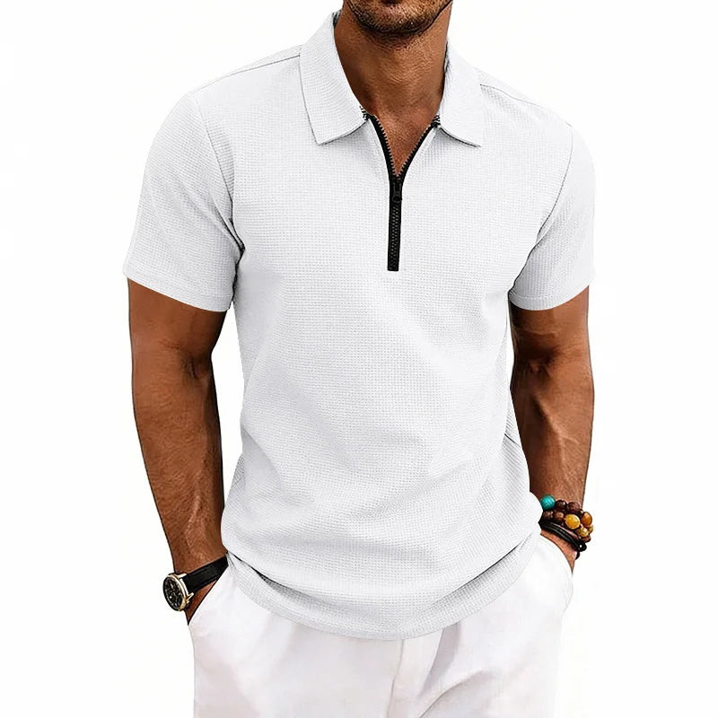 Men's Zip Polo Shirt Short Sleeve Waffle Textured Casual Top 2026