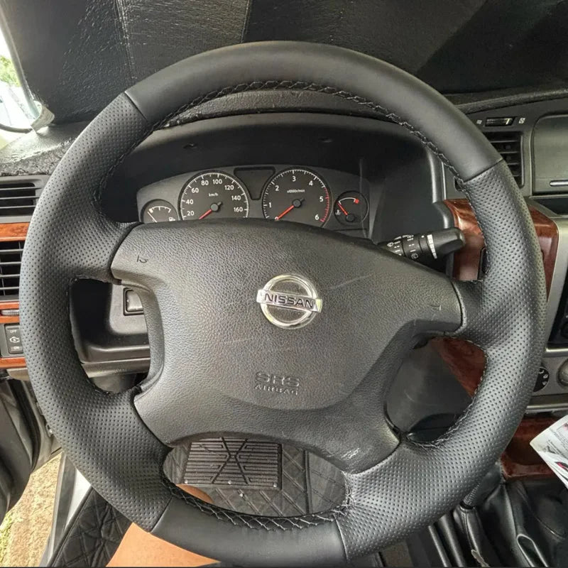 Customized Hole-punch Wear-resistant Car Steering Wheel Cover for Nissan Patrol Y61 Black Genuine Leather Car Accessories