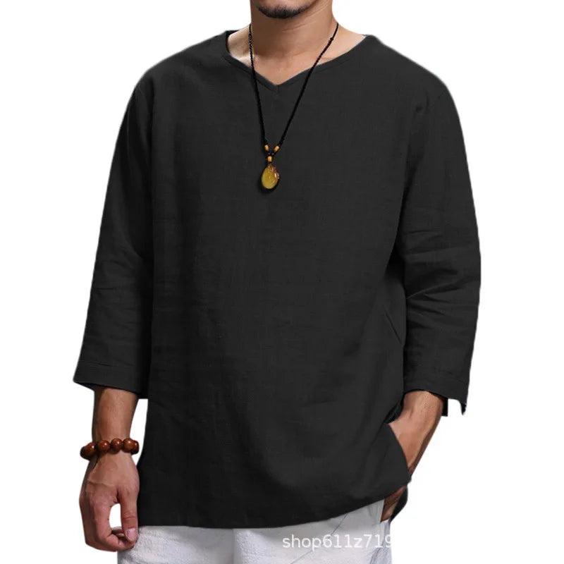 Men's Long Sleeve Loose Shirts Summer Solid Color Casual Shirt High Quality Plus Size V-Neck Shirt Male Clothing 2026