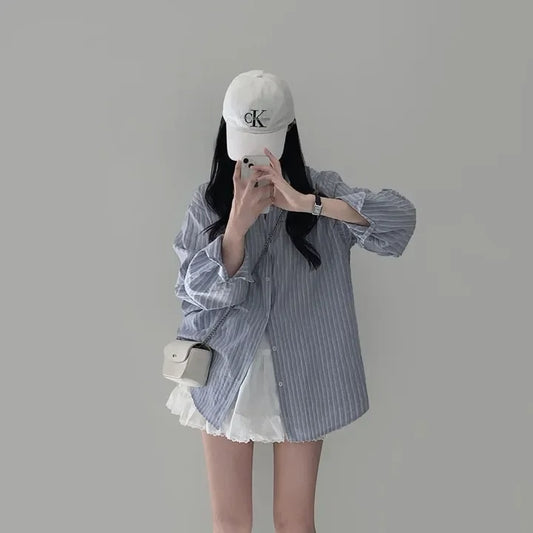 Early Autumn Versatile Loose Striped Long Sleeve Shirt Top Women's Fashion Comfortable Fit Striped Patterned Casual Shirt