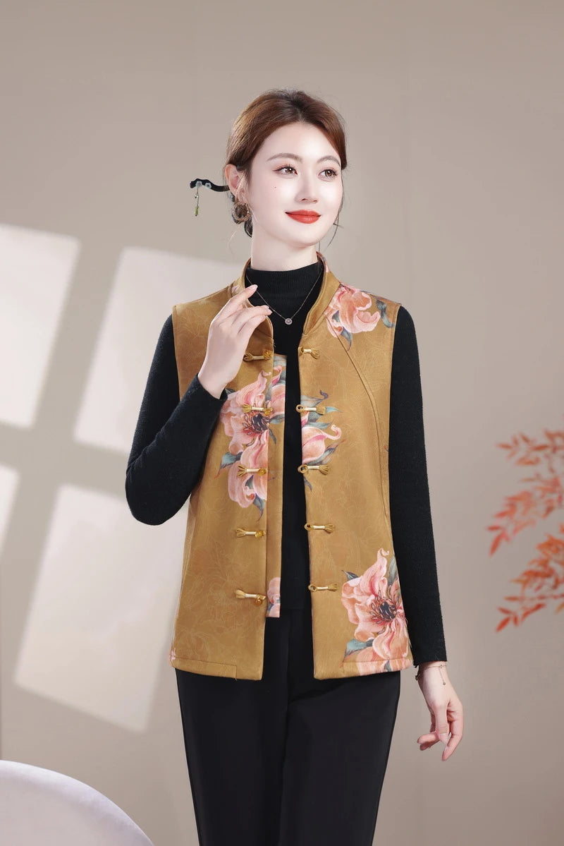 Plus Size Mother's Vest Spring Asian style print Top Elderly Women's Casual Sleeveless Jacket Waistcoat