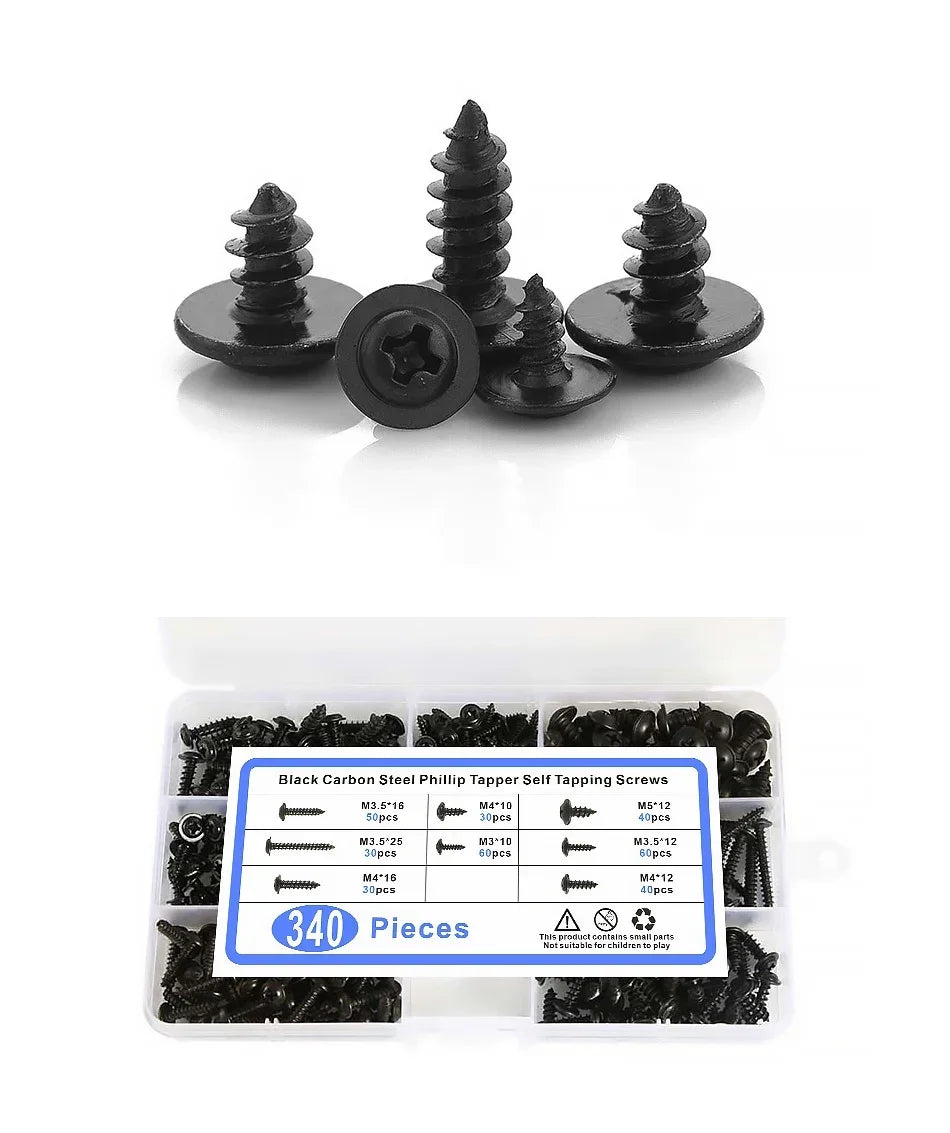 340PCS Assorted Screw Kit Black Carbon Steel Phillips Tapper Screws Set for DIY Furniture Wood Working Repair Fasteners Tool