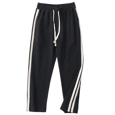 Spring Autumn American Retro Drawstring Knitted Striped Sweatpants Men's Simple 100% Cotton Sports Casual Loose Straight Pants