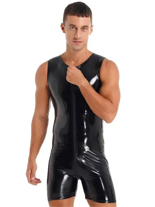 Sleeveless Wet Look PVC Playsuits Catsuit Shiny PU Leather Zipper Open Crotch Bodysuit Tight Sexy Hot Shapers Bodybuilding