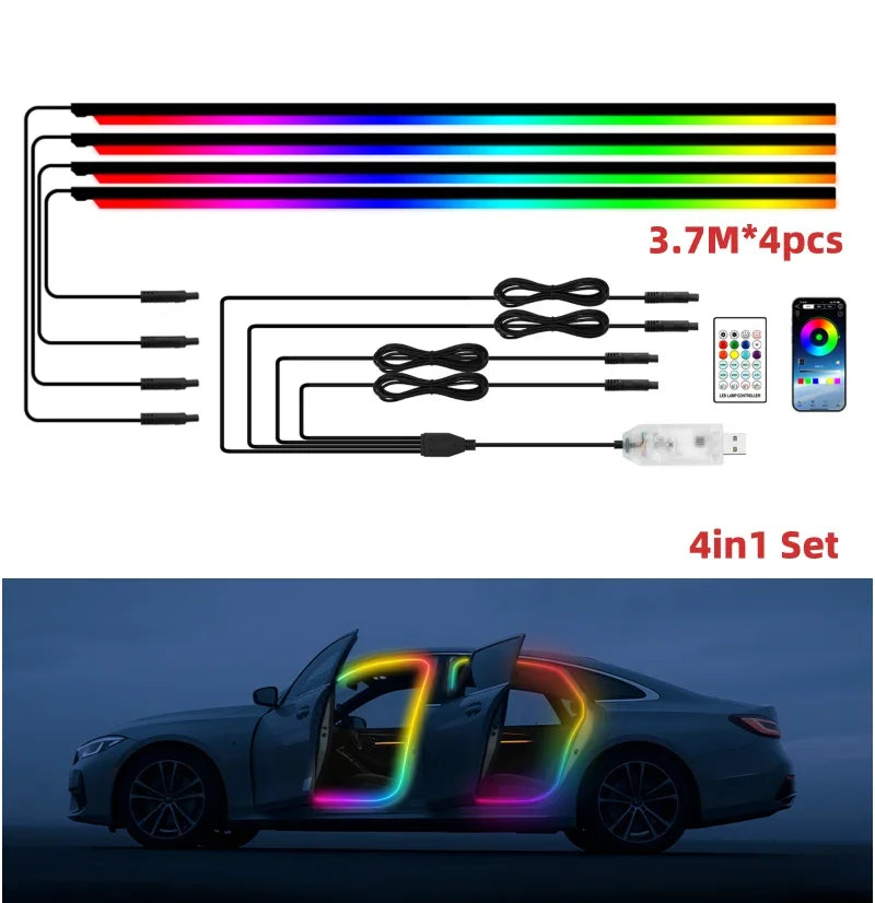 4in1 Symphony Automotive Door Frame color-changing RGB LED Interior Ambience light USB APP Remote Control Easy to Install