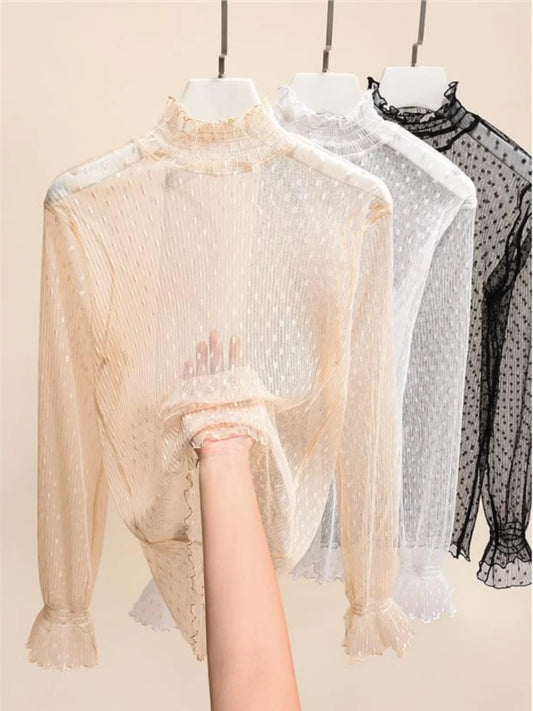 Elegant High Collar Lace Base Shirt Women's Long Sleeve Autumn Winter Fashion Inner Wear Polka Dot Mesh Top Straight Cut Holl...
