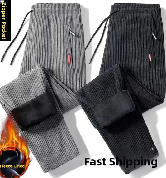 Men's Corduroy Pants Loose Casual Thickened Autumn Winter Straight Leg Zipper Decoration Business Casual Fashion Trend